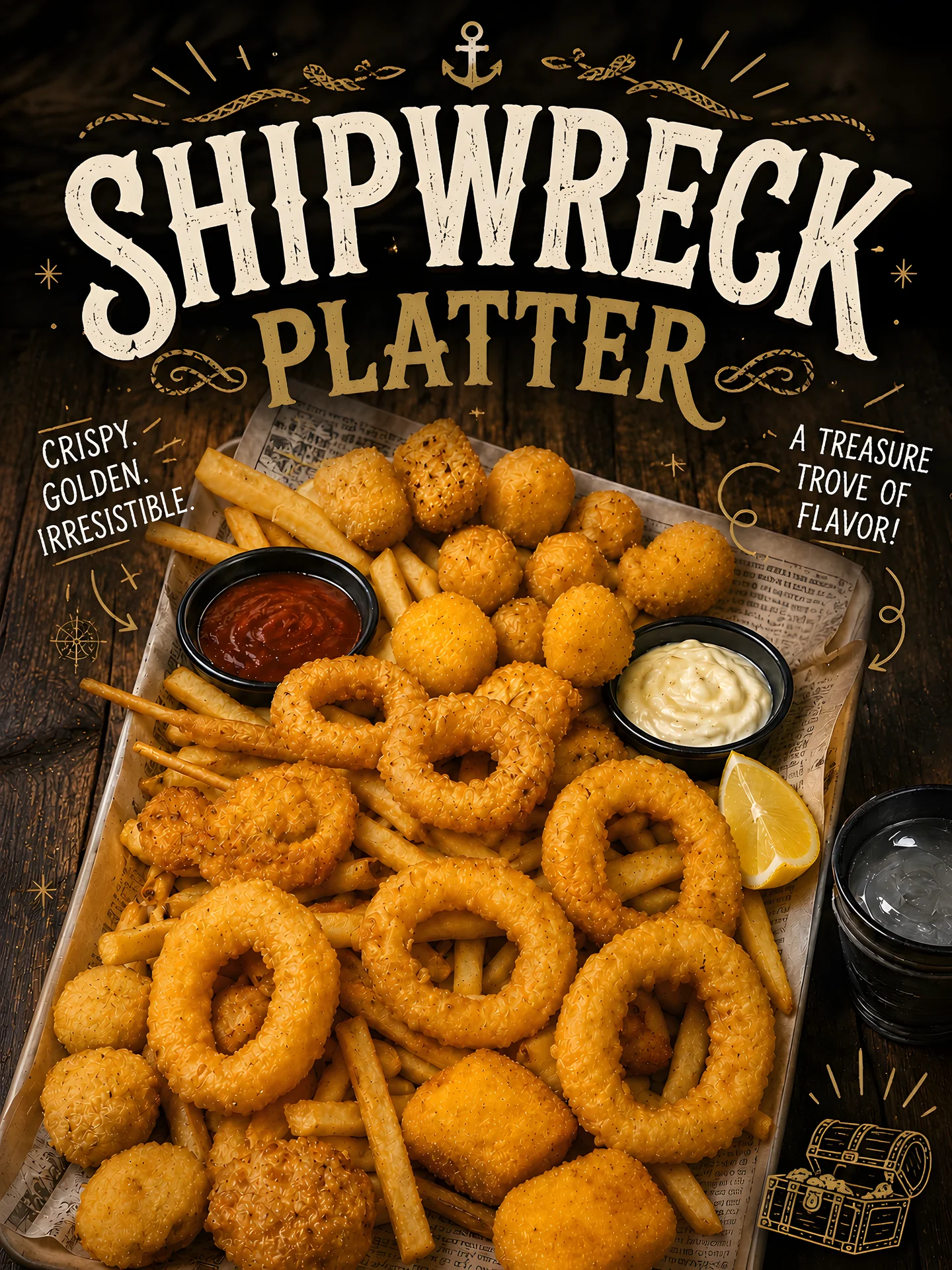 Shipwreck Platter poster: onion rings, squid rings, fish bites and fries on a tray with tomato sauce, aioli and a lemon wedge